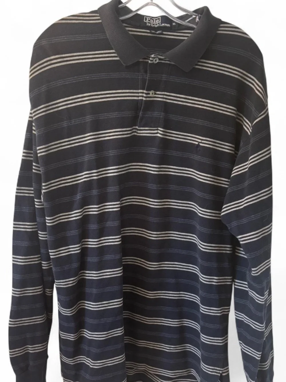 Vintage 90s Ralph Lauren Navy White Striped Long-Sleeve Rugby Polo Shirt Preppy